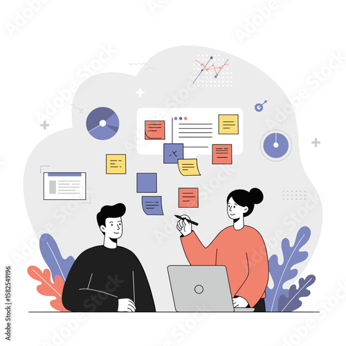 Two professionals collaborating at a desk with a laptop and notes  