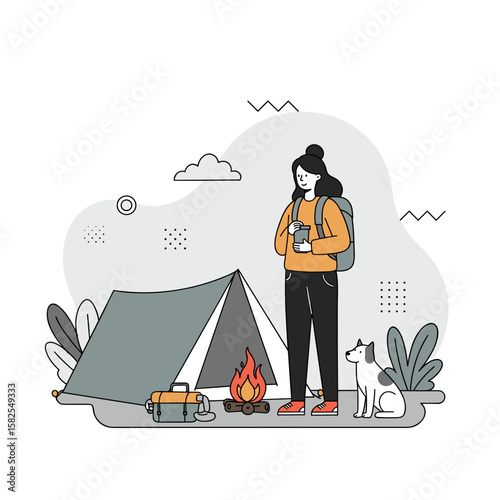 Young woman camping outdoors near tent and fire with dog  