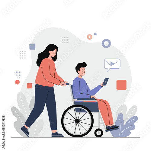 Woman pushing young man in wheelchair while he uses smartphone  