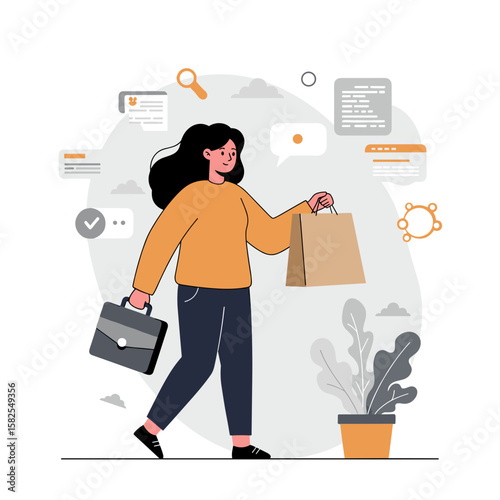 Young woman walking with shopping bags and briefcase in modern style  