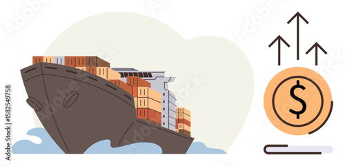 Cargo ship carrying containers over the sea alongside upward arrows and dollar coin denoting financial growth. Ideal for trade, logistics, economy, shipping, investment, globalization, progress