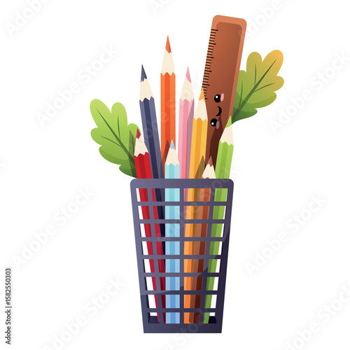 Bright cartoon vector of colorful pencils and ruler in a desk holder, perfect for school, art, and learning themes.

