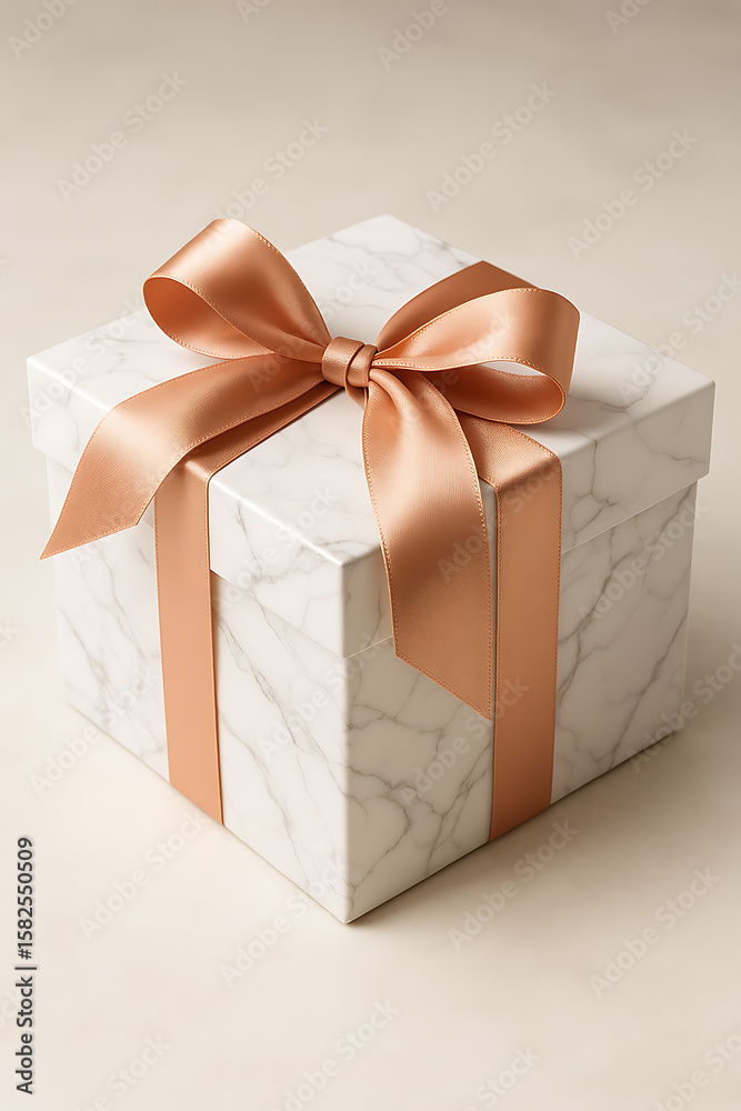 Obraz premium Marble gift box mockup with golden satin ribbon bow on soft background for celebration packaging branding and elegant holiday present visual display