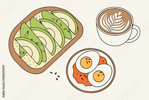 Illustration of avocado toast, sunny side up eggs on a plate, and a latte with leaf art on a light background