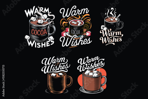 Hot cocoa mugs with marshmallows and steam warm wishes