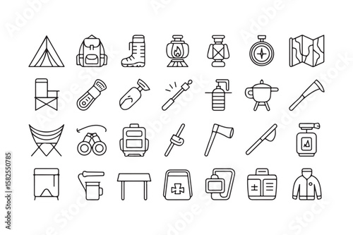 Set of camping gear and outdoor tools icons line art vector design