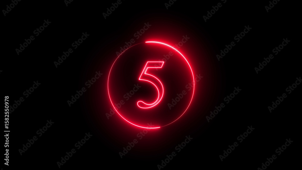 Illuminated number five within a neon circle glowing against a black background Illuminated number five within a neon circle glowing against a black background