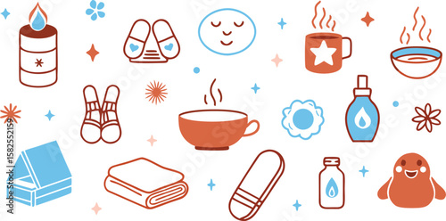 Vector art of a collection of cozy and relaxing items for a spa day at home.