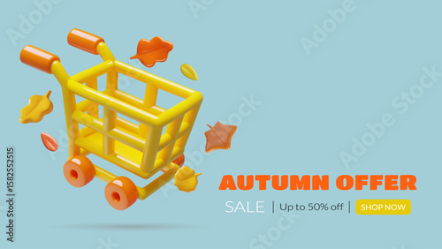 3D Shopping cart with autumn leaves. Sale and discount background design with empty yellow supermarket trolley icon in a cute minimal style. Vector illustration.