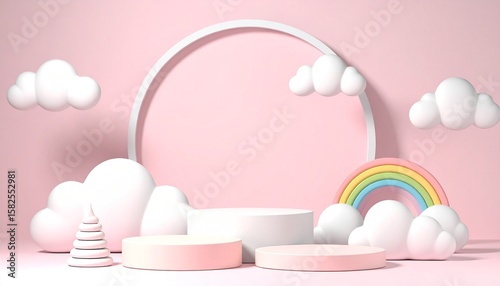 Playful pastel stage with clouds, rainbow, and circular platforms on pink background