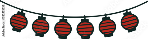 Red Lantern Garland – Vector Illustration of Hanging Asian Paper Lanterns for Festival and Party Decoration