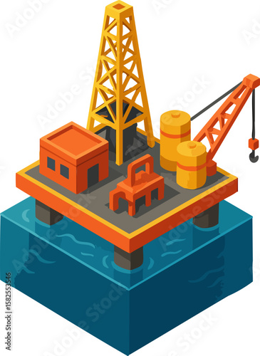 Isometric Oil Platform with Crane – Offshore Petroleum Rig Vector Illustration for Energy Industry