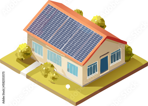 Solar Panel House – Isometric Vector Illustration of Eco Friendly Home with Renewable Energy Roof