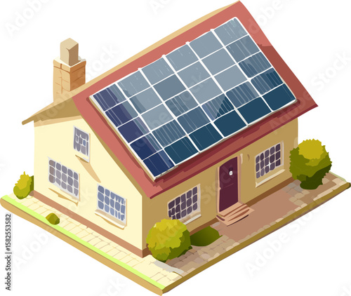 Eco House with Solar Panels – Isometric Vector Illustration of Sustainable Home and Renewable Energy