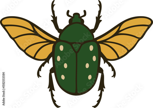 Green Beetle with Open Wings – Vector Illustration of Flying Insect and Wildlife Symbol