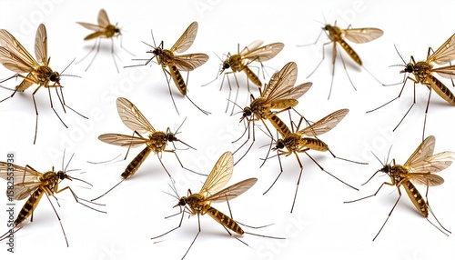 Close-up of twelve brown-striped mosquitoes on white surface