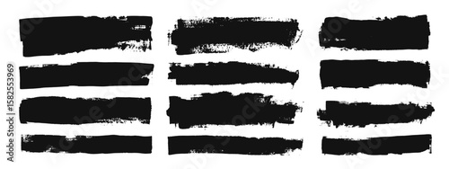 Vector paint bold brush strokes. Ink black hand drawn thick, thin grunge lines abstract shapes, smears. Overlay, textures, brushes design.
