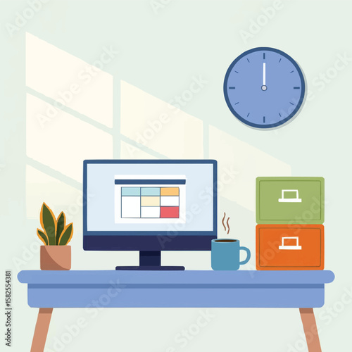 Modern home office desk setup with computer plant coffee and clock