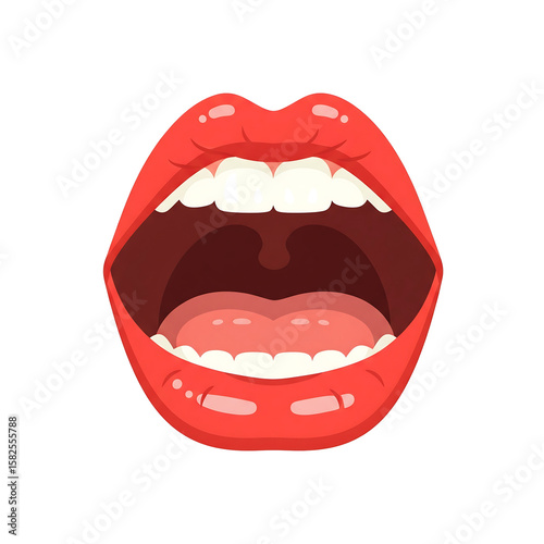 A pixel art representation of a human mouth with lips open wide showing teeth and tongue in a vibrant red hue