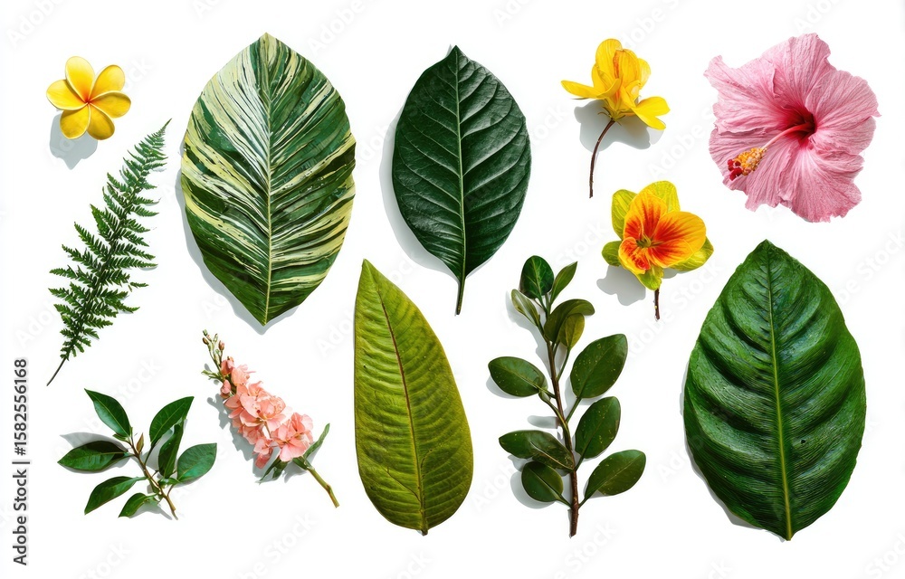 Fototapeta premium Flatlay of tropical flowers and leaves, vibrant colors against a white background, showcasing diverse foliage and blossoms in a meticulously arranged composition