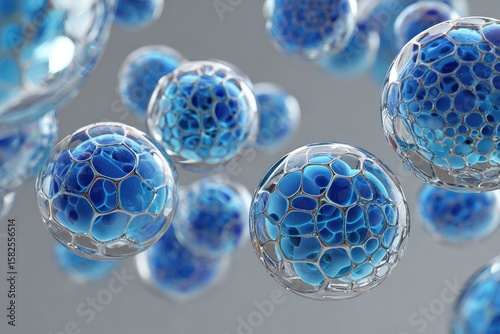 Translucent blue spheres with intricate, lattice-like internal structures float against a neutral grey backdrop