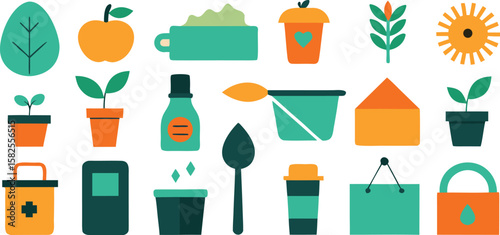 Vector art of a vibrant collection of flat design icons representing healthy living and nature.