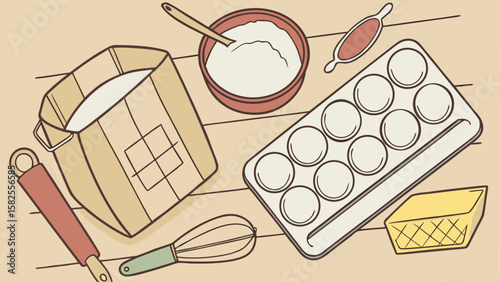 Overhead view of baking supplies including flour, butter, whisk, and cupcake pan on light brown surface