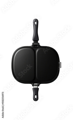 A double-sided pancake pan with a secure locking mechanism, convenient for flipping without spills in a private house.