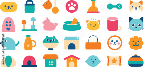 Vector art of a collection of cute cartoon pet icons and illustrations on a white background.