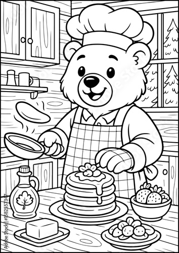 coloring page, This bear flips fluffy pancakes in his cozy woodland kitchen!