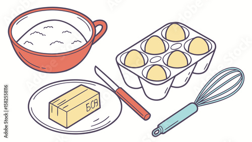 Illustration showing baking ingredients including flour eggs butter and a whisk for cooking use 100