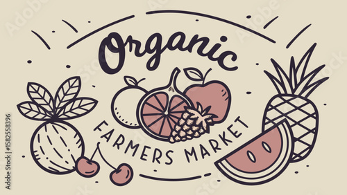Colorful illustration of a farmers market featuring a variety of organic fruits.