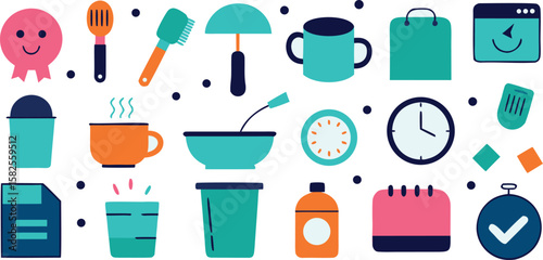 Vector art of a vibrant collection of flat design icons representing various objects and concepts for daily life and business.
