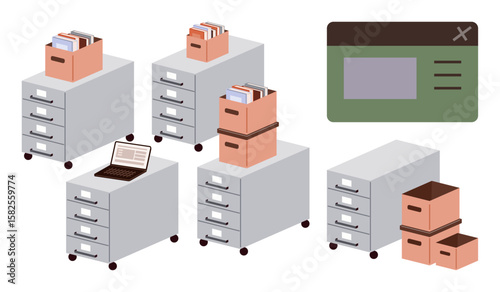 Rolling file cabinets, organized documents in boxes, and a laptop suggest data management, storage, or office tasks. Ideal for organization, productivity, workspace, filing archiving digital