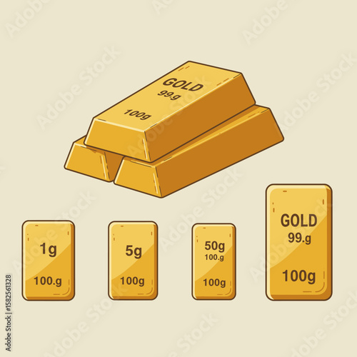 Illustration depicts a stack of gold bars and smaller gold weights, representing wealth, investment, and the precious metal's value, with a cartoonish style.
