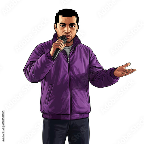 A man in a purple bomber jacket speaking into a microphone with his hand raised in a gesture