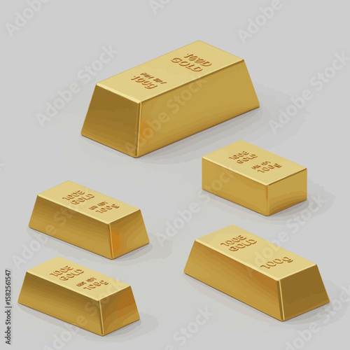 Five gleaming gold bars are arranged on a neutral background, symbolizing wealth, investment, and precious metal value.