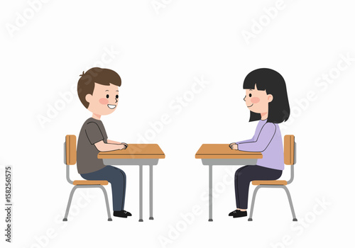 Simple illustration of two happy diverse students, a boy and a girl, sitting at desks and smiling at each other in a classroom.