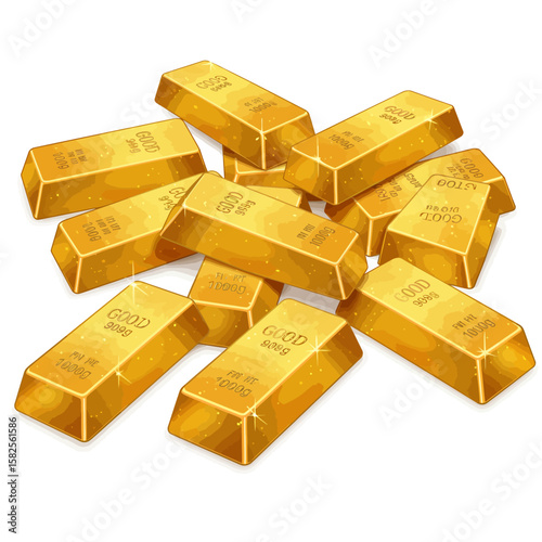 A digital illustration showcases a gleaming pile of gold bars, symbolizing wealth, investment, and financial security against a clean, white background.