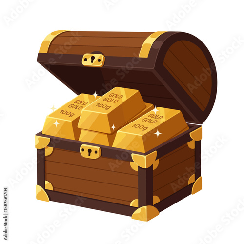 Open wooden chest full of shining gold bars, isolated on white background.  Perfect for finance, banking, wealth, success, and treasure themes. Ideal for websites, presentations, and marketing