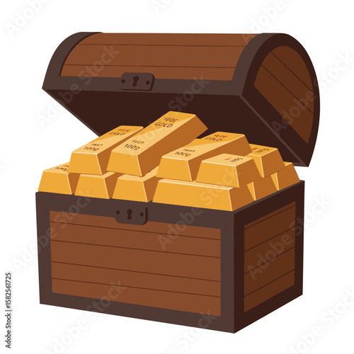 An open wooden treasure chest overflowing with shiny gold bars, a symbol of wealth, riches, and financial success, isolated on a plain white background.