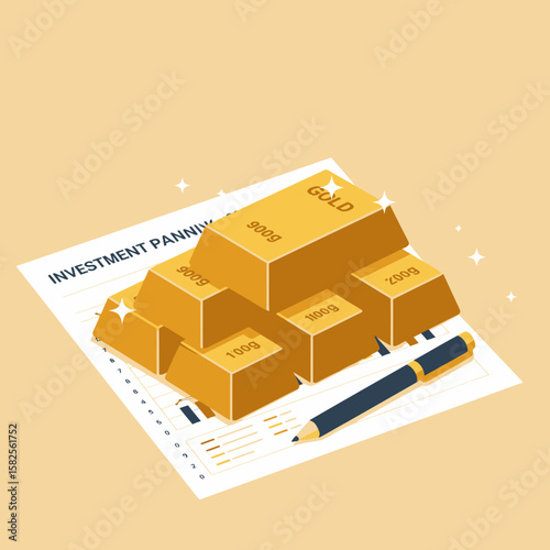Isometric illustration depicts gold bars stacked on an investment planning document with a pen, representing wealth management and financial strategy in a clean design.