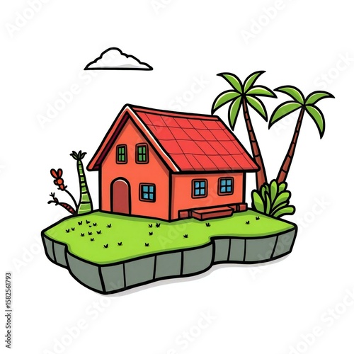 Charming orange house on a floating island with palm trees and a cloud