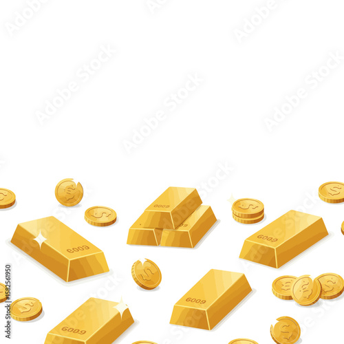 A vector illustration showcases a seamless pattern featuring gold bars and coins scattered across a white surface, ideal for financial or luxury-themed designs and backgrounds.