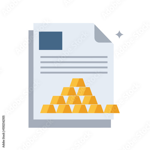 An illustration depicts a financial document with a blue header and lines of text accompanied by a pyramid of golden bars, symbolizing wealth.