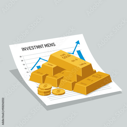 Illustrative representation of financial growth with gold bars and coins stacked on a document showing an upward trending graph, symbolizing investment success.