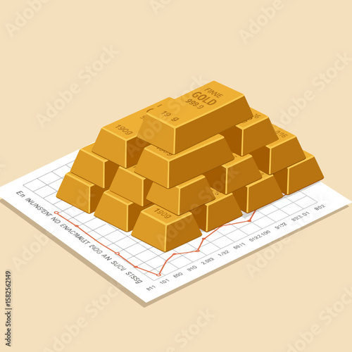 Isometric illustration showcasing stacked gold bars resting upon a financial chart, symbolizing wealth, investment growth, and economic stability in a modern design.