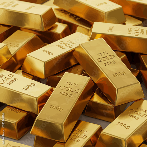 A large pile of gleaming gold bars, each marked 1000g, 999.9 fine gold, rests on a white surface, showcasing wealth and prosperity.