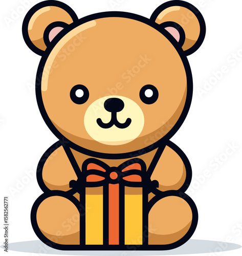 Adorable Teddy Bear with Gift Box Cartoon Illustration