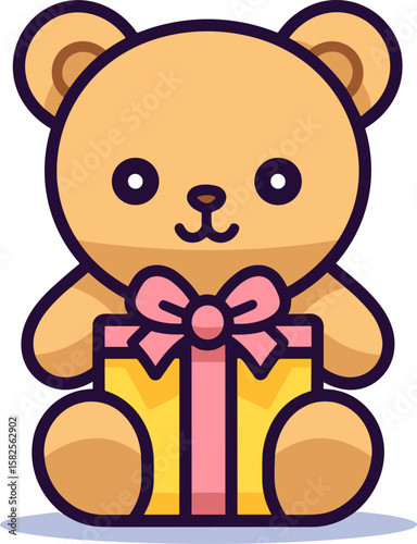 Cute Teddy Bear with Gift Box Vector Illustration